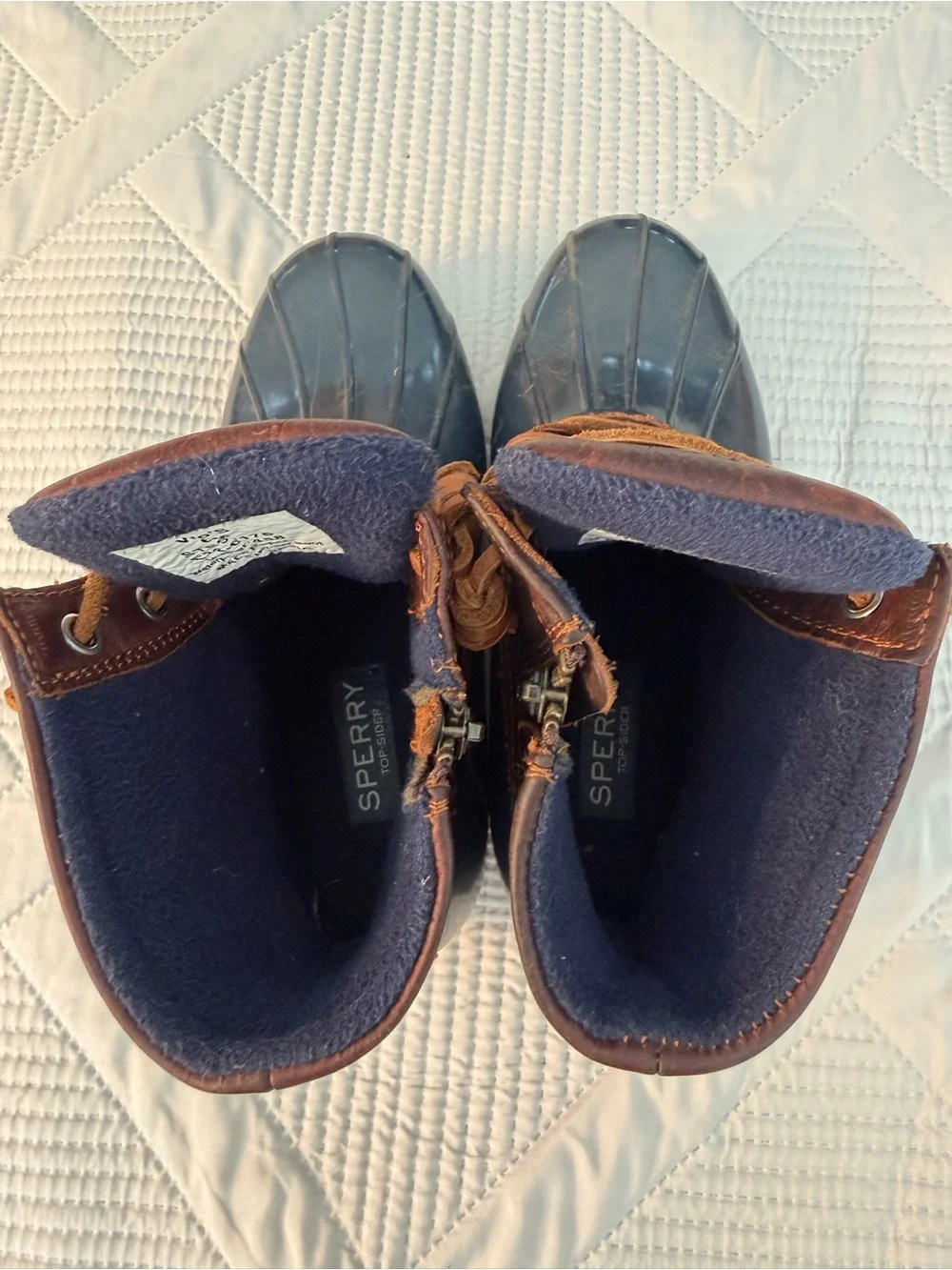 Sperry Navy and Brown Leather Duck Boots Sz 6